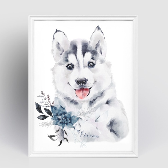 Watercolor Wall Art Husky Puppy Portrait Print Unframed - Picture 6 of 8
